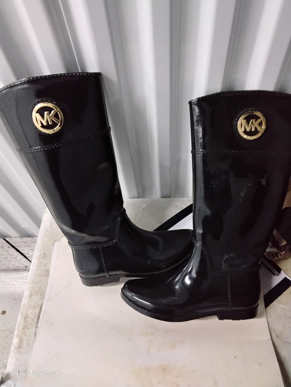 Michael Kors Black Patent Tall Rain Boots with Gold MK Emblem